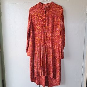 Go Fish Batik Floral Botanical Print Long Sleeve High Low Midi Dress SZ L